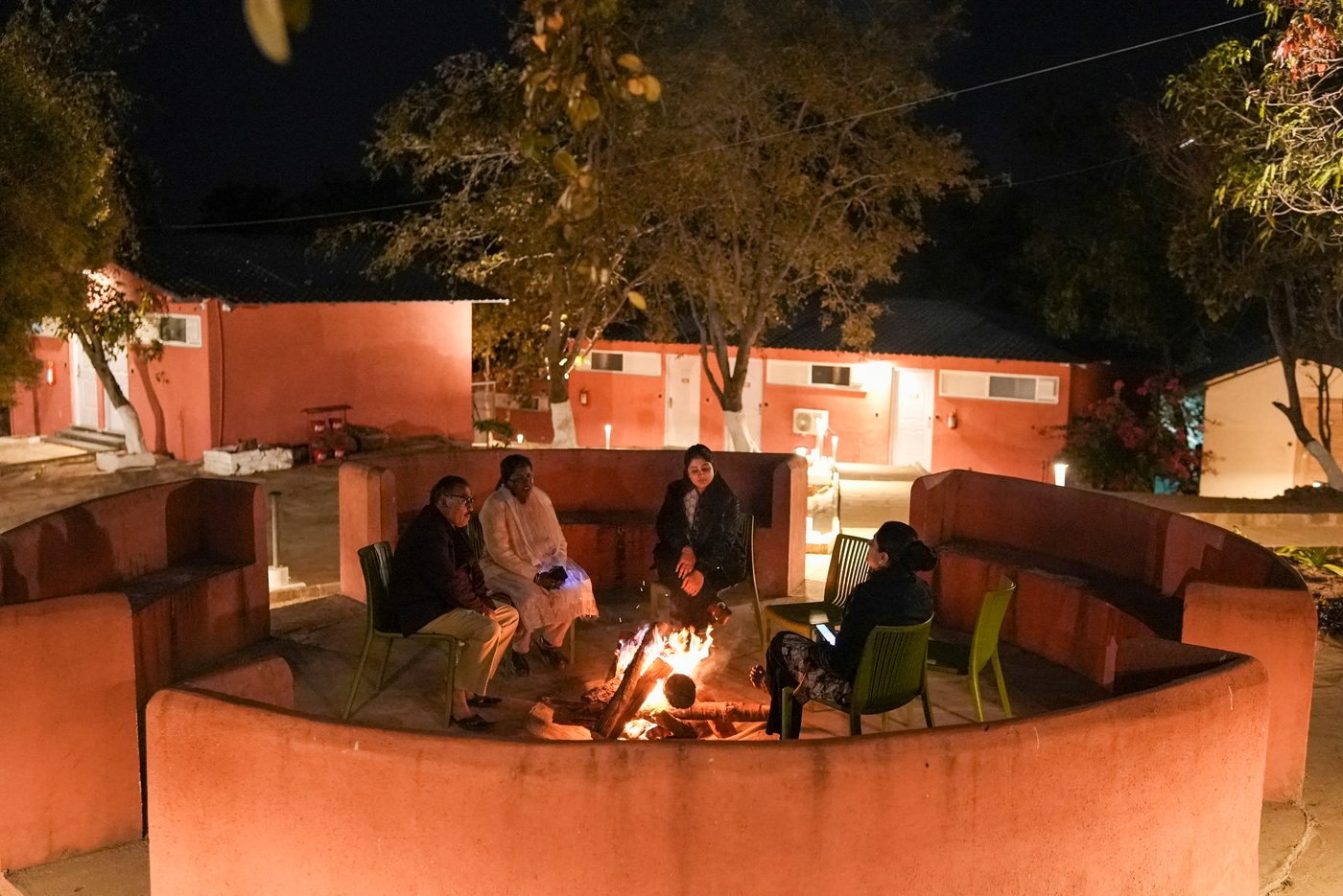 An evening bonfire among the trees